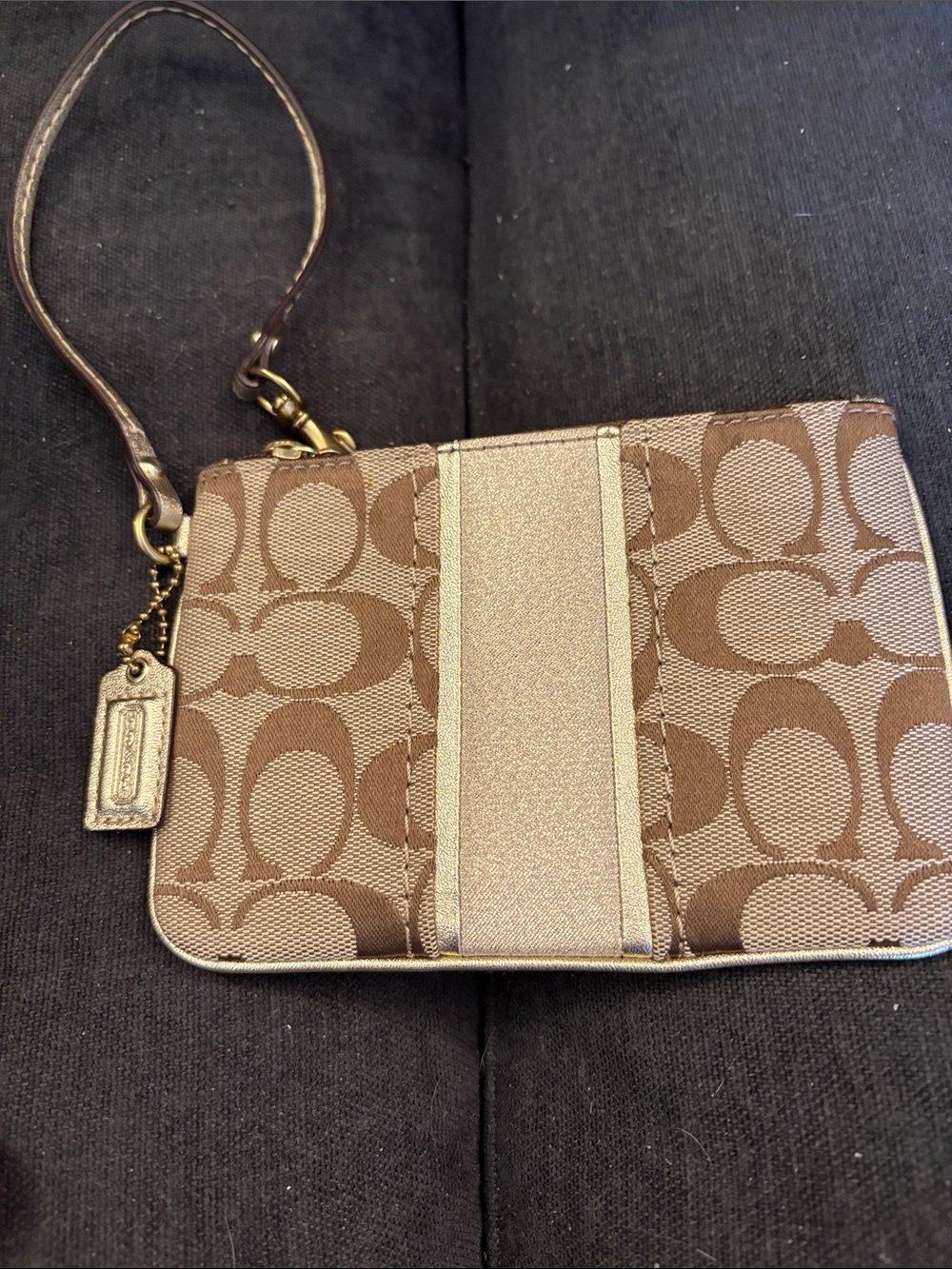 Coach Brown Signature Wristlet with Metallic Gold Center Stripe
